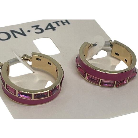 Gold Tone Baguette Hoop Earrings Elegant Fashion Style Chic Stunning Crystal NWT - Picture 1 of 10